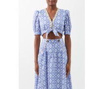 Jamie Floral-embroidered Cropped Linen Top