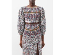Verbena Puff-sleeve Printed Linen-blend Top