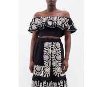 Beck Floral-embroidered Off-the-shoulder Twill Top
