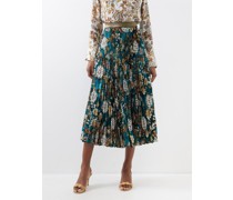 Pleated Foliage-print Crepe Midi Skirt