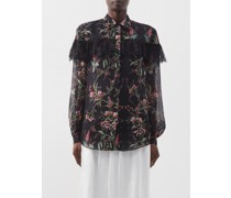 Lace-trim Floral-print Silk-georgette Blouse