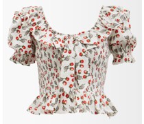 Frida Ruffled Snail-print Linen Top