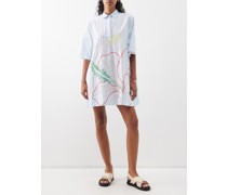Tropical Tulip-embroidered Cotton Shirt Dress