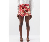 Wonderland Floral-print Tie-waist Linen Shorts