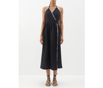 Jacqueline V-neck Frayed-edge Linen Midi Dress