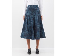 Lace Floral-print Denim Fluted Midi Skirt