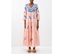 Frangipani Flower-embroidered Organic-cotton Dress