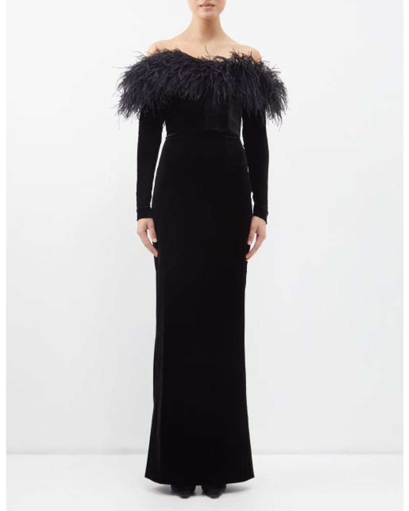Alessandra Rich Damen Off-the-shoulder Feather-trim Velvet Gown Alessandra Rich Damen Off-the-shoulder Feather-trim Velvet Gown