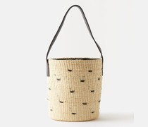 Leather-handle Small Straw Bucket Bag