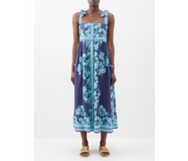 Tie-shoulder Block-print Cotton Midi Dress
