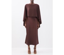 Caped-shoulder Satin Midi Dress