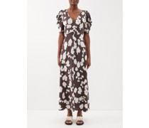 Clover Puff-sleeve Silk Crepe De Chine Midi Dress