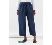 Elasticated-waist Cotton-denim Cropped Trousers