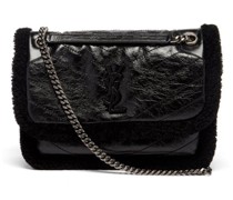 Niki Shearling-trim Crinkled-leather Shoulder Bag