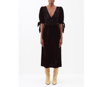 Mayde Puff-sleeve Smocked Velvet Midi Dress