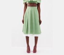 Double-layered Pleated Gingham Midi Skirt