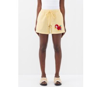 Woodpecker-appliqué Crochet Cotton Shorts