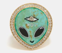 Alien Heart Diamond, Opal, Turquoise & Gold Ring