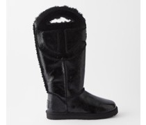 Logo-cutout Shearling-trim Patent-leather Boots