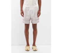 Stripe-embroidered Linen Shorts