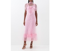 Rose-embellished Tulle-overlay Midi Dress