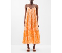Lace-trim Floral-print Cotton-blend Midi Dress