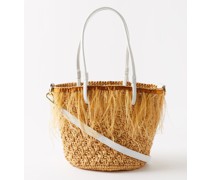 Feather-trim Raffia Basket Bag