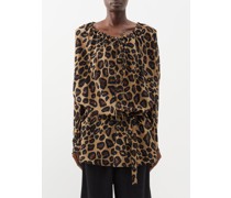 Leopard-print Drawstring-neck Draped Silk Top