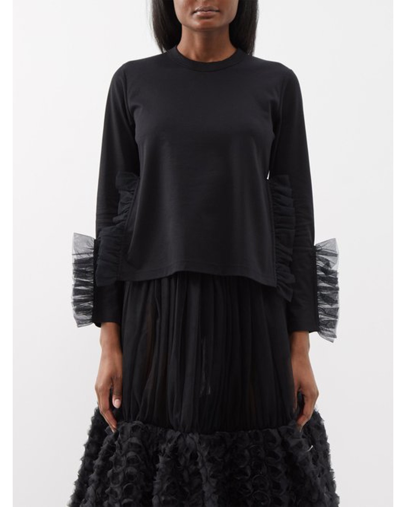 Noir Kei Ninomiya Damen Ruffle-trim Cotton-jersey Top Noir Kei Ninomiya Damen Ruffle-trim Cotton-jersey Top