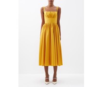 Terry Square-neck Pleated Cotton Midi Dress