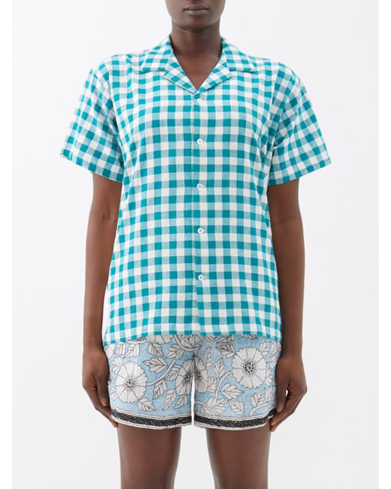 HARAGO Damen Circle-appliqué Checked Cotton Short-sleeved Shirt