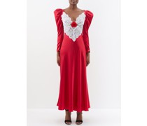 Rose-appliqué Lace-panelled Silk-satin Dress