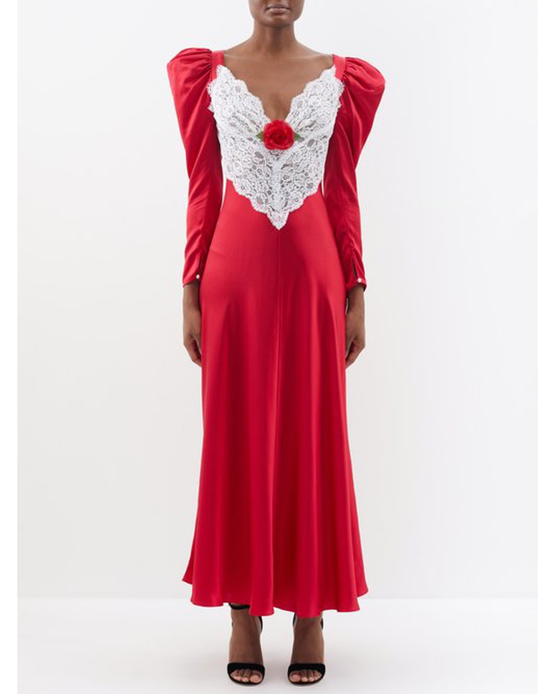 Rodarte Damen Rose-appliqué Lace-panelled Silk-satin Dress