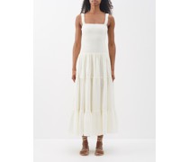 Slit-skirt Shirred Linen Dress