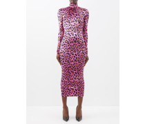 High-neck Leopard-print Velour Midi Dress