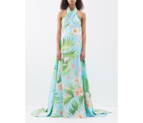 Halterneck Tropical-print Silk Gown
