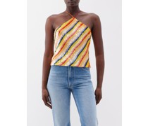 Striped Sequinned-georgette Halterneck Top