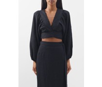 Balloon Sleeve Tie-front Linen Crop Top