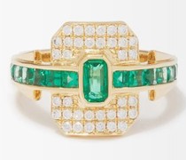 Shield Diamond, Emerald & 18kt Gold Ring