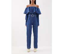 Ruffled Off-the-shoulder Belted Denim Jumpsuit