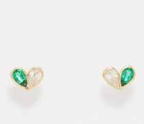 Sweetheart Diamond, Emerald & 18kt Gold Earrings
