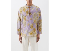 Floral-print Tie-placket Cotton-blend Shirt