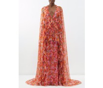 Detachable-cape Floral-print Silk-chiffon Gown