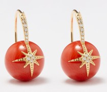 Starburst Diamond, Coral & 14kt Gold Earrings