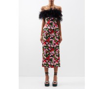 Feather-trim Floral-print Satin Midi Dress