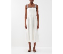 Lucia Pleated Fringe-neck Linen Midi Dress