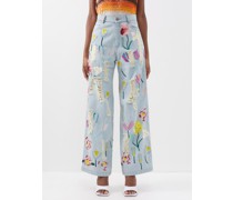Distressed Floral-embroidered Wide-leg Jeans