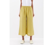 Elasticated-waist Flared Linen Cropped Trousers