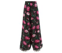 Lace-trimmed Floral-print Silk Trousers