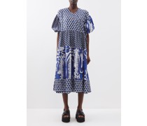 Langit Puff-sleeved Gathered Printed Silk Dress